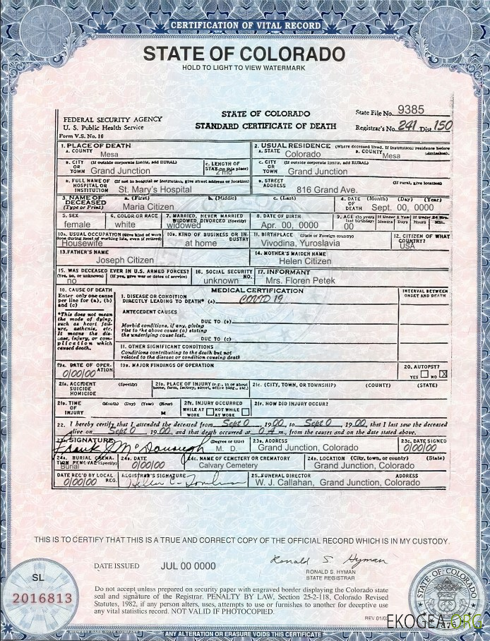 Modèle de certificat de décès de l'État du Colorado aux États Unis au format PSD